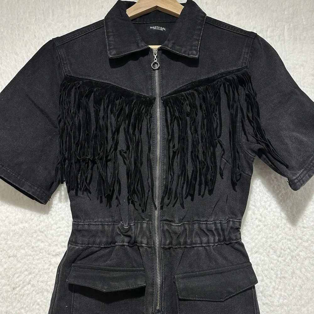 Nasty Gal Collection Black Denim Fringe Detailing Zip Up Front Jumpsuit Sz US 4 - Picture 8 of 16
